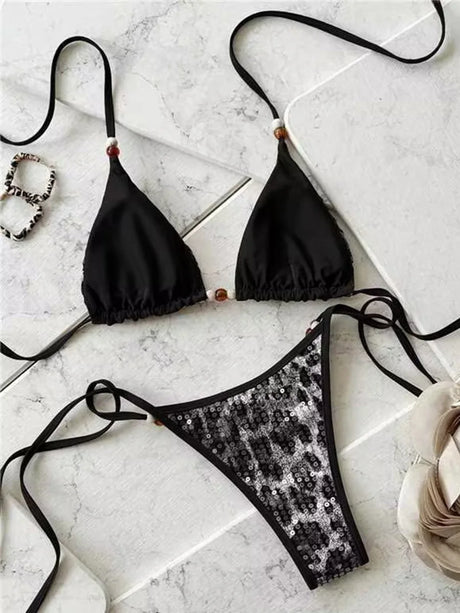 2026 Leopard Sequins Halter Strappy Bikini Women Swimwear Female Swimsuit Two-pieces Bikini Set Bather Bathing Suit Swim Lady