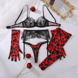 Diccvicc Sensual Lingerie Woman See Through Sexy Lace Bra Garter Belt Leopard Underwear with Stocking Glove Exotic Intimate Wear