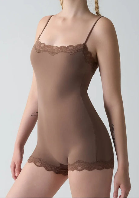 Square Neck Spaghetti Strap Bodysuits Lace Trim Women Sleeveless Slimming Bodycon Jumpsuit Romper