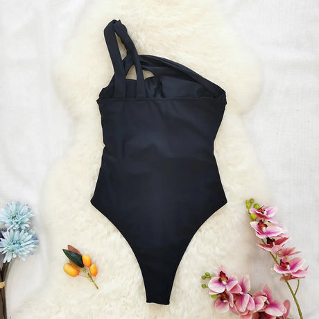Sexy One Piece Swimsuit One Shoulder Solid Cut Out Monokini Pattern Women's Swimwear Slimming Bodysuit Women Beachwear 2022