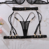 2026 Fashion Heavy Crafted Metal Decorative Lingerie Set with Buckle Women Mesh Transparent Bra Lady Sexy Body Shaping Underwear