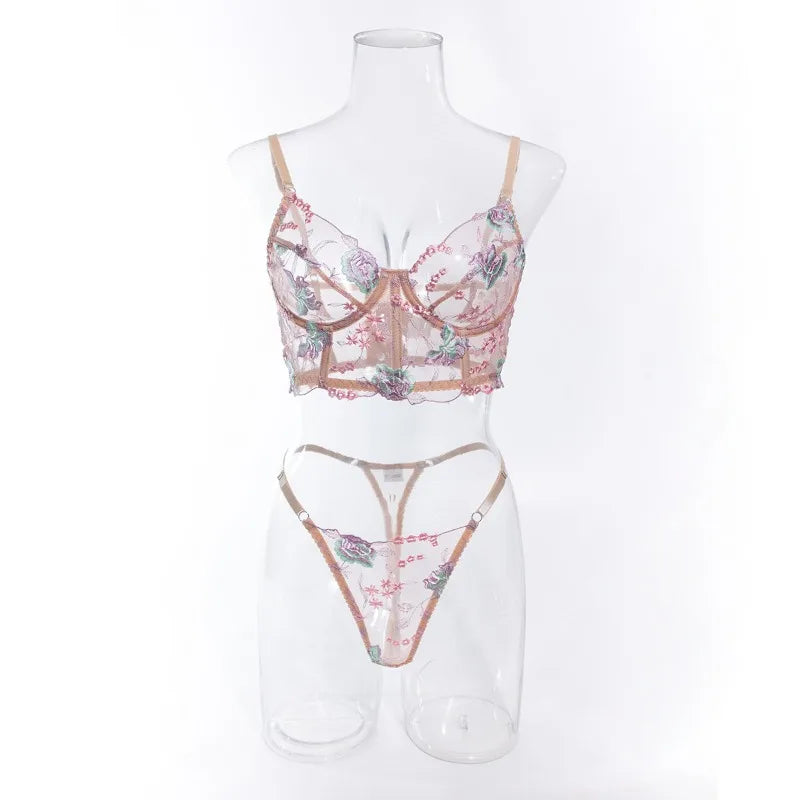 Floral Lingerie Set PushUp Bra Thong Sheer Mesh Underwear Breathable Lace Bralette Kits for Women