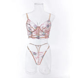 Floral Lingerie Set PushUp Bra Thong Sheer Mesh Underwear Breathable Lace Bralette Kits for Women