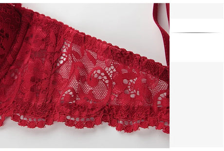 French Red 1/2 Cup Sexy Bra Set Lace Flowers Embroidery Women Underwear Push Up Brassiere and Panties Garter 3 Pieces Sets