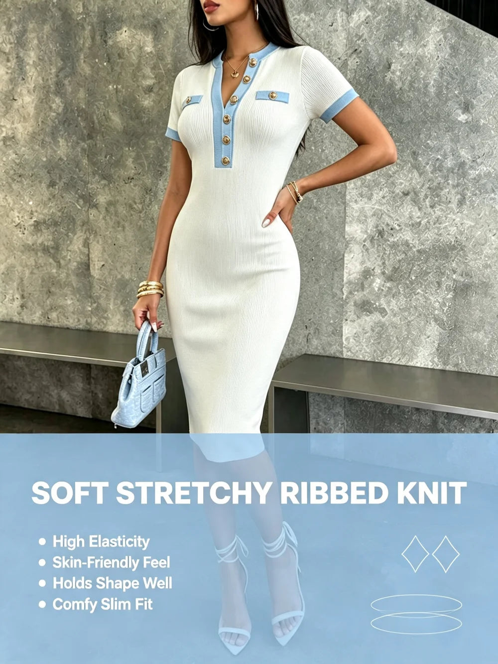Women Elegant Color Block Knit Midi Dress V Neck Button Bodycon Pencil Dress Casual Office Slim Short Sleeve Party Dresses