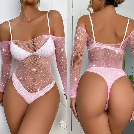 Sexy Bodystocking Women Fishnet Pornostar Bodysuit Long Sleeve Diamonds Rhinestone Sexy Lingerie Cosplay Erotic Costume