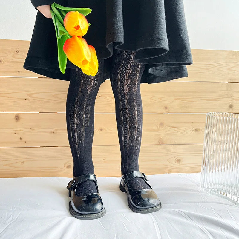 Lolita Girls Vertical Stripe Lace Mesh Pantyhose Cozy Wear Resistant Elastic Knit Elegant Sweet Princess Leggings