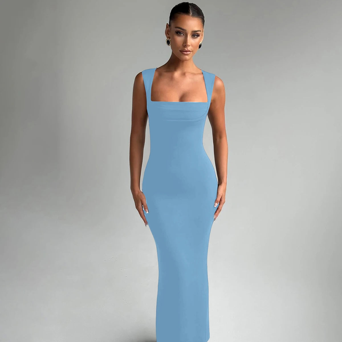 Hugcitar Women Elegant Solid Square Collar Straps Sexy Bodycon Maxi Prom Dress Summer Women Y2K Clothes Evening Party Birthday