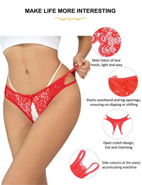 Lace Bow Thong Panties for Women Sheer Mesh G String Sexy Underwear Open Crotch Low Rise Plus Size Lingerie Hot Sale
