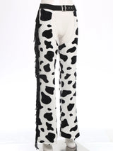 Womens Cow Spot Pattern Flannel Long Pants Adjustable Waist Open Crotch Biking Riding Cowgirl Chaps Halloween Cospaly Costume