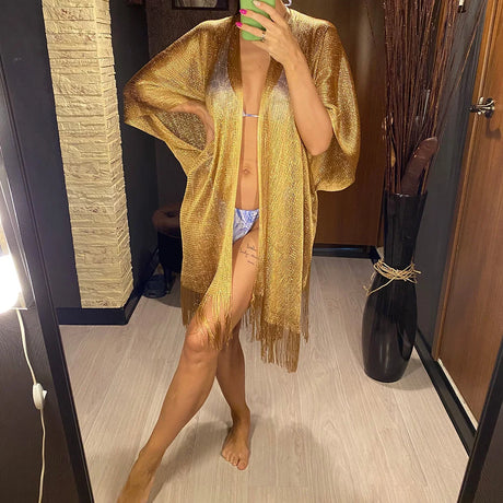 Swimsuit Cover-ups  Fashion Tassel Gold Bikini Beach Cover Up Sexy Beach Dress Tunics for Women Summer Wear See Through