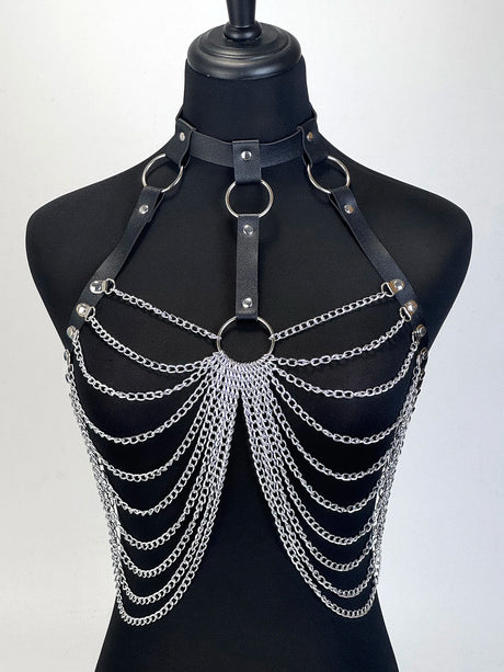 Women Gothic PU Leather Chest Harness Belt with Chain Bra Strap Adjustable Punk Y2K Body Harness Festival Layering Accessory