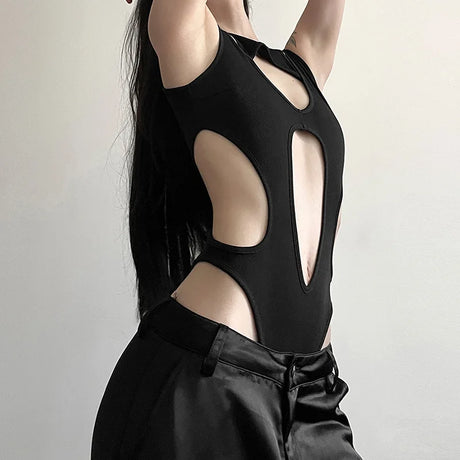 Gothic tops Y2k clothes sexy spicy hollow out bodysuit nigh clubwearr ashion women's patchwork slim fitting jumpsuit top tees