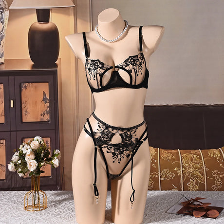 Women Floral Embroidered 3Pcs Lingerie Set Underwire Open Cup Bra Garter Belt Thong Sheer Mesh Sexy Adjustable Nightwear