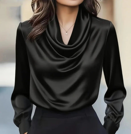 Autumn Fashion Elegant Temperament Solid Colour Simple Swing Collar Long-Sleeved Shirt Women