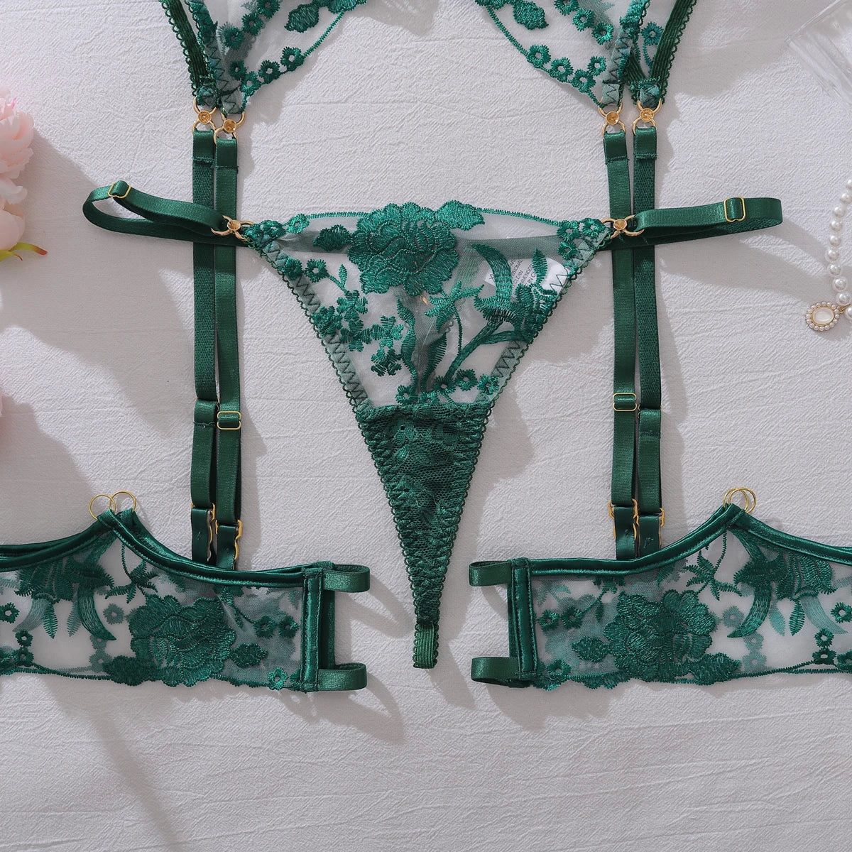 Heavy industry embroidery sequin red slim fit perspective high-end splicing gemstone decoration sexy lingerie four piece set
