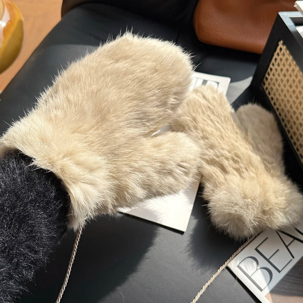 Hot Sale Women's 100% Natural Rabbit Fur Winter Gloves Warm Knit Thick Thermal Mittens Soft Real Fur Outdoor Cold Weather Glove