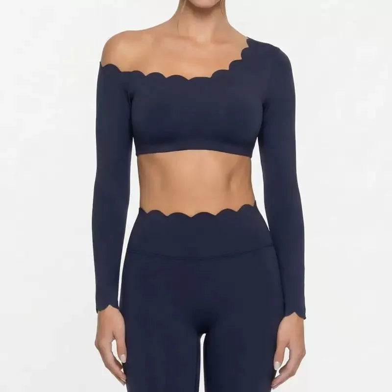 Lace Sports Fitness Long Sleeve Women's Underwear With Chest Pad Off-Shoulder Sportswear Slim Fit Leggings Workout Activewear
