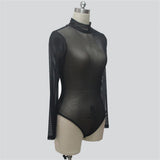 Sexy Women T Shirt See Through Mesh Black Long Sleeve Bodysuit Sheer Slim Turtleneck Tulle Crop Top T-Shirt Transparent Clubwear
