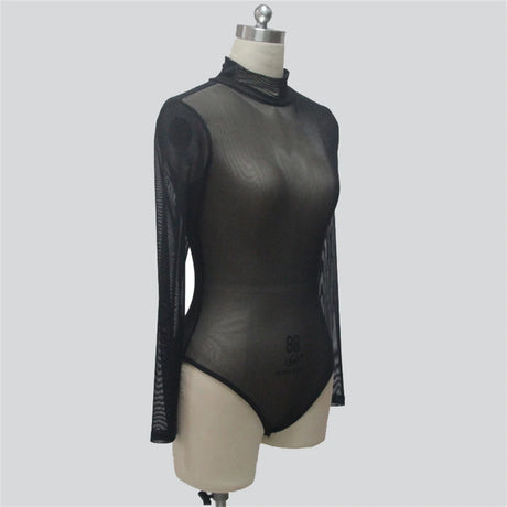Sexy Women T Shirt See Through Mesh Black Long Sleeve Bodysuit Sheer Slim Turtleneck Tulle Crop Top T-Shirt Transparent Clubwear