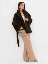 2026 Autumn Winter Women Faux Mink Fur Coat Lapel Collar Belted Long Jacket Luxury Fluffy Outerwear Brown