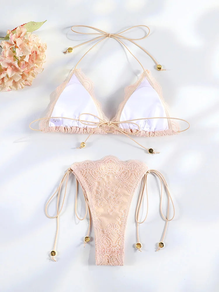 Sexy Hollow Lace Bikinis Patchwork Swimsuit Women Bathing Suits Bandage Swimwear Mujer Beachwear Triangle Bikini Set