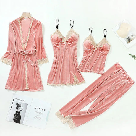 TOP Casual Velour Home Clothing 4pcs Sleep Set Intimate Lingerie Women Pajamas Suit Long Sleeve Lace Velvet Homewear Pyjamas Set
