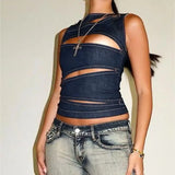 Women's Black Denim Cut Out Crop Top Sleeveless Asymmetric Hollow Out Fitted Streetwear Tank Top