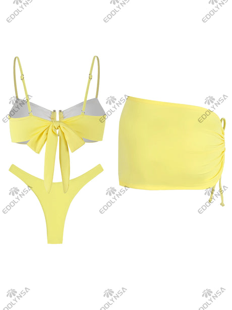 Butter Yellow 3 Piece Bikini Drawstring Ruffle Swimsuit U Neck Bathing Suit with Mini Skirt Cover Up Beach Vacation Outfit K246