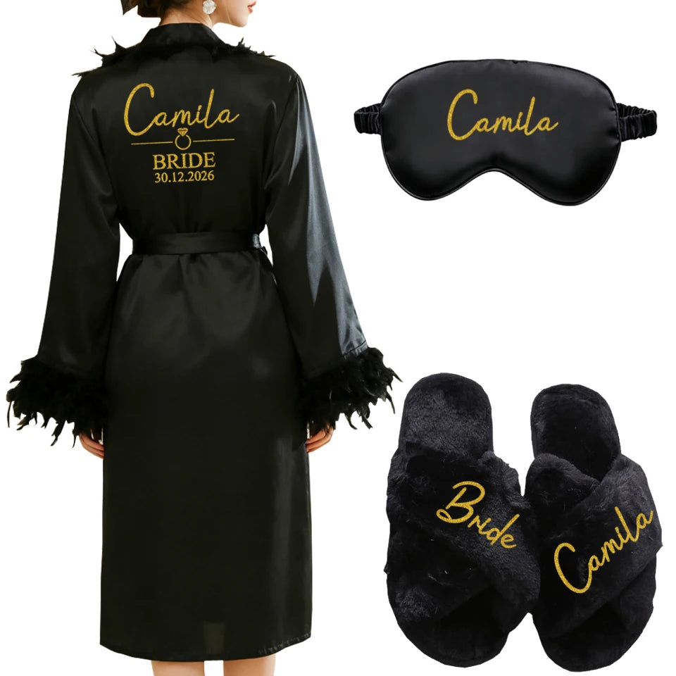 Personalized Name Date Wedding Feather Bride Robe Bridesmaid Bathrobe Nightwear Long Elegant Woman Gown Sexy Nightgown for Party
