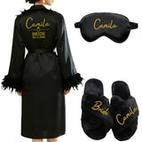 Personalized Name Date Wedding Feather Bride Robe Bridesmaid Bathrobe Nightwear Long Elegant Woman Gown Sexy Nightgown for Party