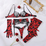 Diccvicc Sensual Lingerie Woman See Through Sexy Lace Bra Garter Belt Leopard Underwear with Stocking Glove Exotic Intimate Wear
