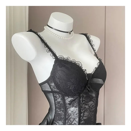 French Sexy Lace Nightdress Summer Women's Corset Gather Suspenders Pajamas with Chest Pads See Through Mesh Lace Loungewear