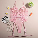 Tornova Lace Embroidery Jumpsuit For Women Mesh Patchwork See-through Sexy Hollow Out Underwear Solid Color Garters Underwear
