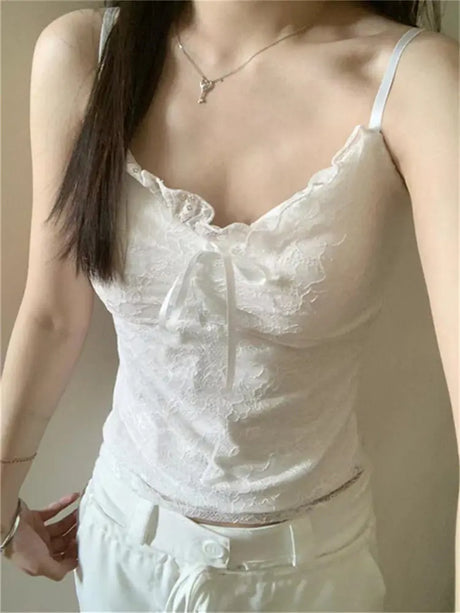 Elegant Lace White Camisole Women's Vest with Chest Pad Unique Design Inner Wear Base Top  Knot Backless Style