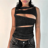 Women's Black Denim Cut Out Crop Top Sleeveless Asymmetric Hollow Out Fitted Streetwear Tank Top