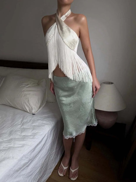 Women Satin Halter Top Asymmetrical Tassel Fringe Crop Top Backless Crisscross Neck Slim Fit Party Club Sleeveless Camisole