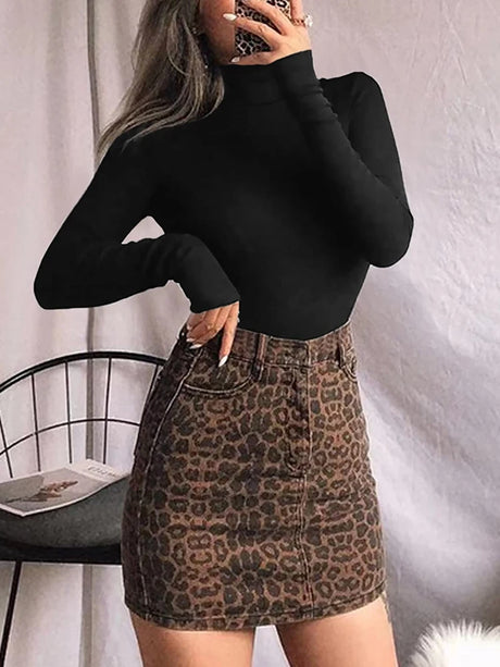 Women's Turtleneck Long Sleeve Bodysuit Women Jumpsuit Stretchy Layer Top Black Solid Color Slim Fit Overalls One Piece Outfit