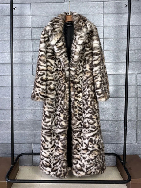 ZADORIN 130cm Long Thicken Lapel Cow Print White Brown Faux Fur Coat Woman Clothing Luxury Fluffy Jacket Winter Fur Coats Woman
