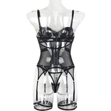 MUZISKAT Mesh  Lingerie Luxury Brand Bodysuit Backless Tops for Women 3 Piece Lingerie Set with Garter Sexydresses for Women