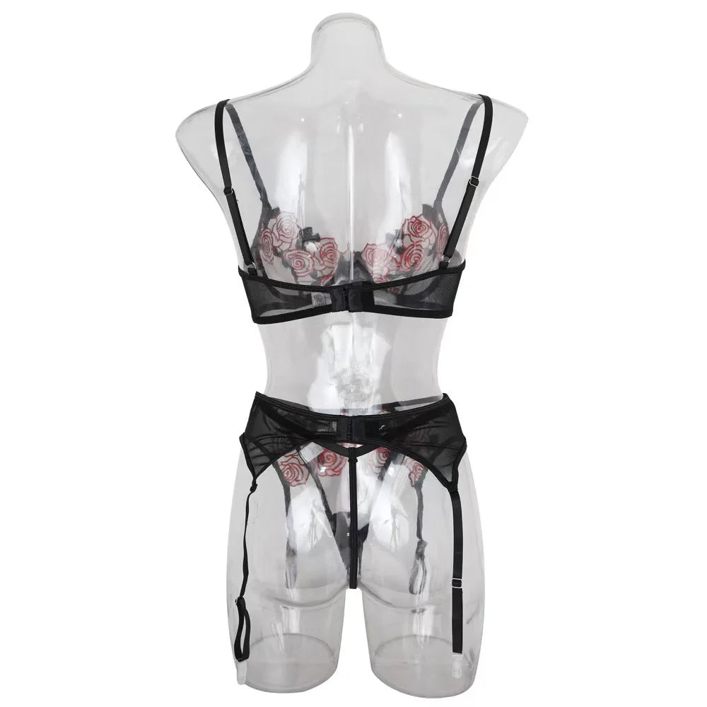 Toucheart 3 Piece Set Sexy Lace Embroidery Bra Set For Women Mesh Patchwork Perspective Sexy Garters Steel Rings Underwear Set