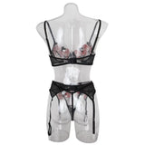 Toucheart 3 Piece Set Sexy Lace Embroidery Bra Set For Women Mesh Patchwork Perspective Sexy Garters Steel Rings Underwear Set