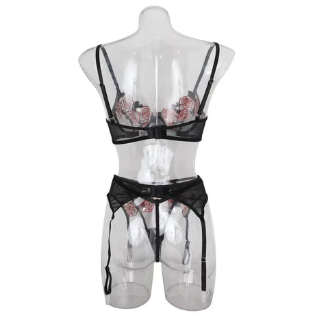 Toucheart 3 Piece Set Sexy Lace Embroidery Bra Set For Women Mesh Patchwork Perspective Sexy Garters Steel Rings Underwear Set