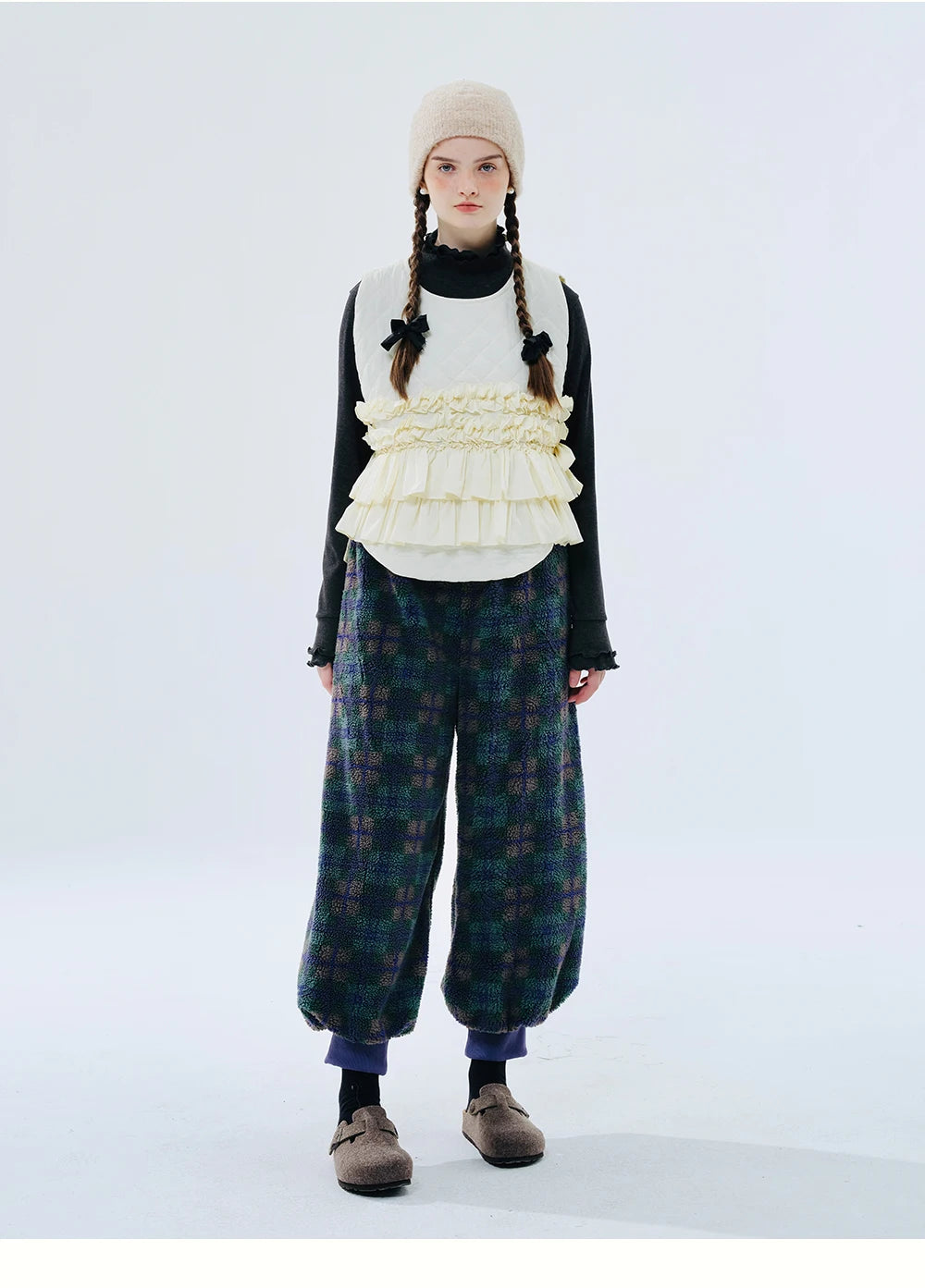 Green Plaid Lamb Wool Lantern Pants Female clothing women's pants and trousers Elastic Waist Loose Baggy Trousers for woman