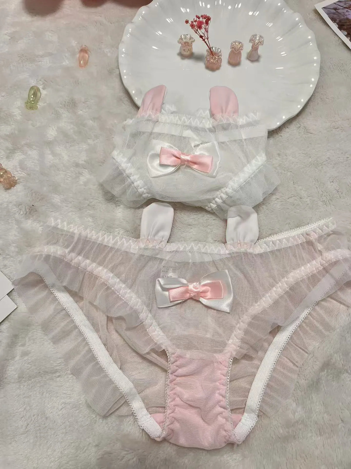 Cute  Knot Lace  Pink Rabbit Sexy Pure Desire Net  Panties Low Waist Breathable Quick Dry Comfortable Un...