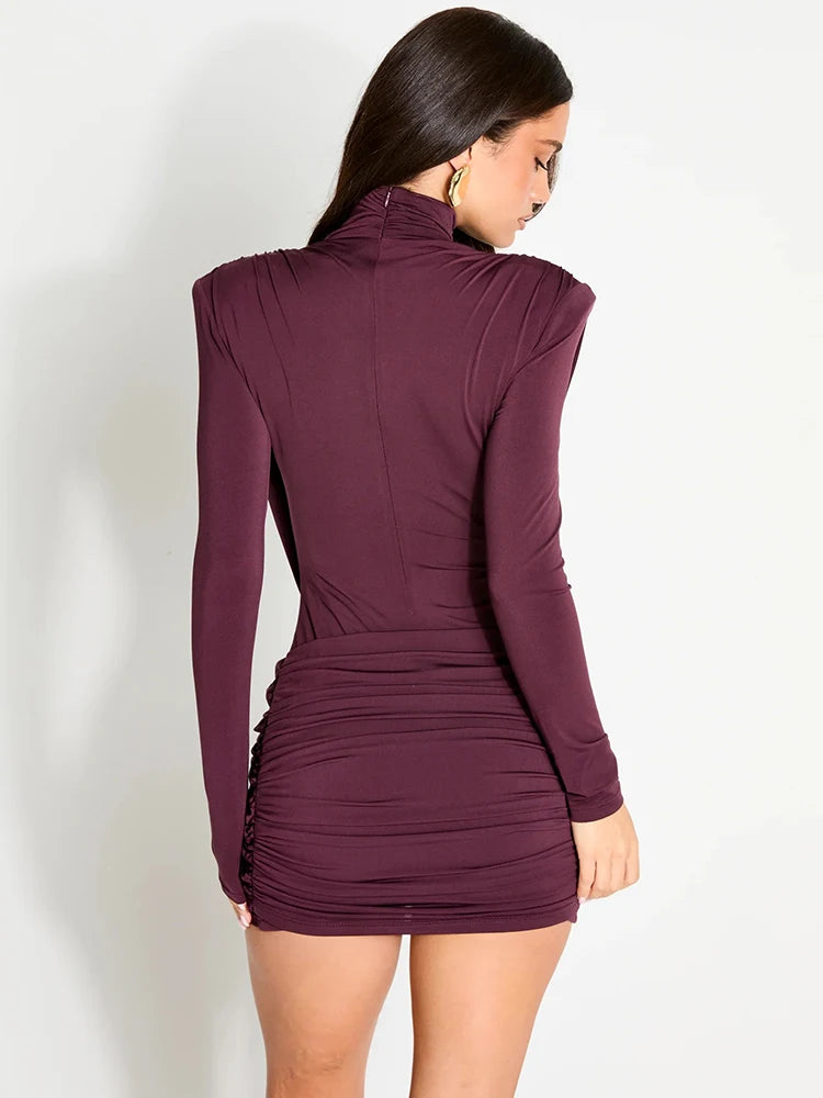 Mozision High Neck Shoulder Pads Long Sleeve Sexy Mini Dress Women Draped Cross Front Ruched Slim Bodycon Nightclub Party Dress