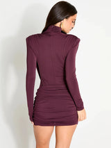 Mozision High Neck Shoulder Pads Long Sleeve Sexy Mini Dress Women Draped Cross Front Ruched Slim Bodycon Nightclub Party Dress