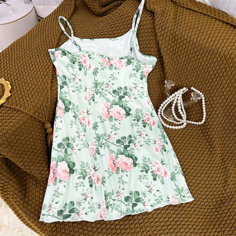 New Women's Silk Satin Print Nightwear Home Clothes Sexy Sleeveless Ruffled Hem Sleep Dress Female Comfortable Nightgown Clothes