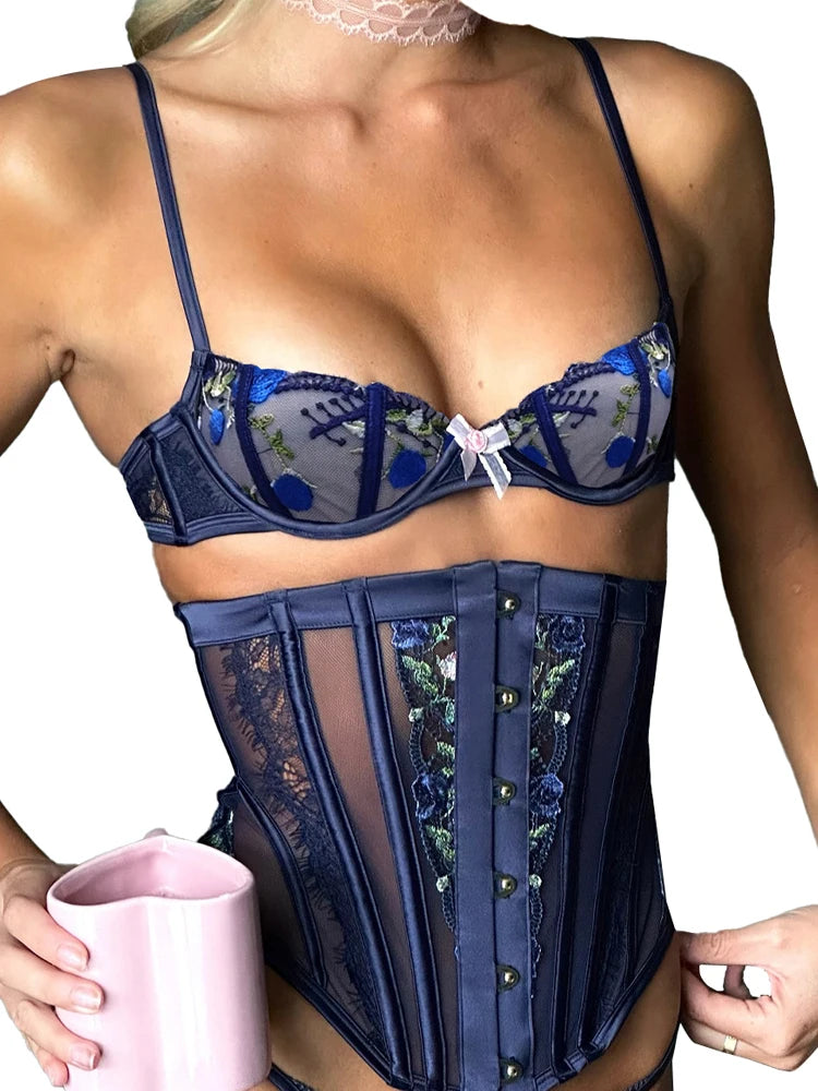 Belamimi Luxury Heavy Craft Embroidery Boned Corset 3-Piece Lingerie Set Ladies Slimming Sexy Body Shaping Underwear