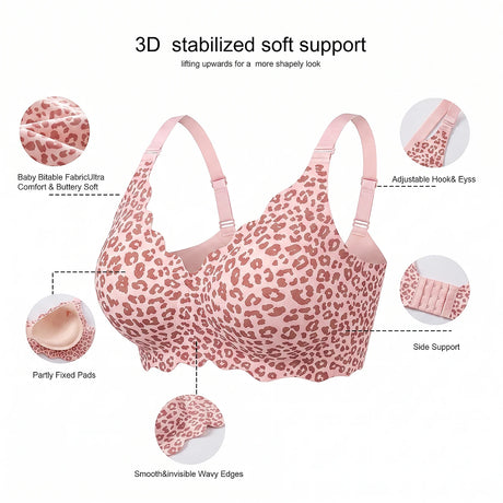 Bras for Women No Underwire Scalloped Wireless Push Up Bra Seamless Full Coverage Supportive Plus Size Tshirt Bra, Soft Breathable Comfortable Bralette, Leopard & Polka Dot Print Ice Silk Bra